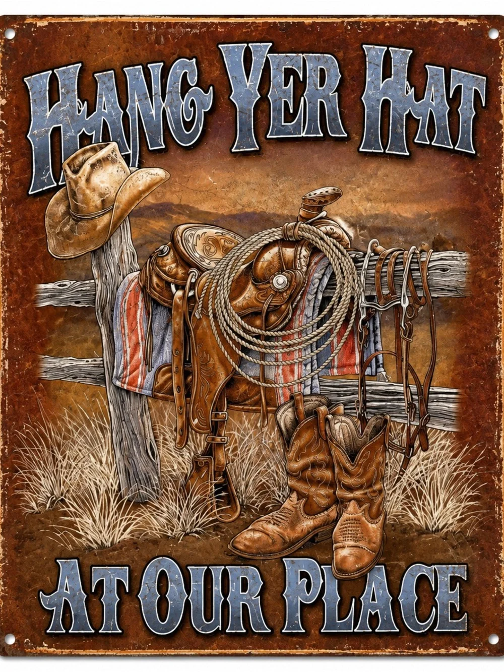 NEW Hang Yer Hat At Our Place Cowboy Metal Sign